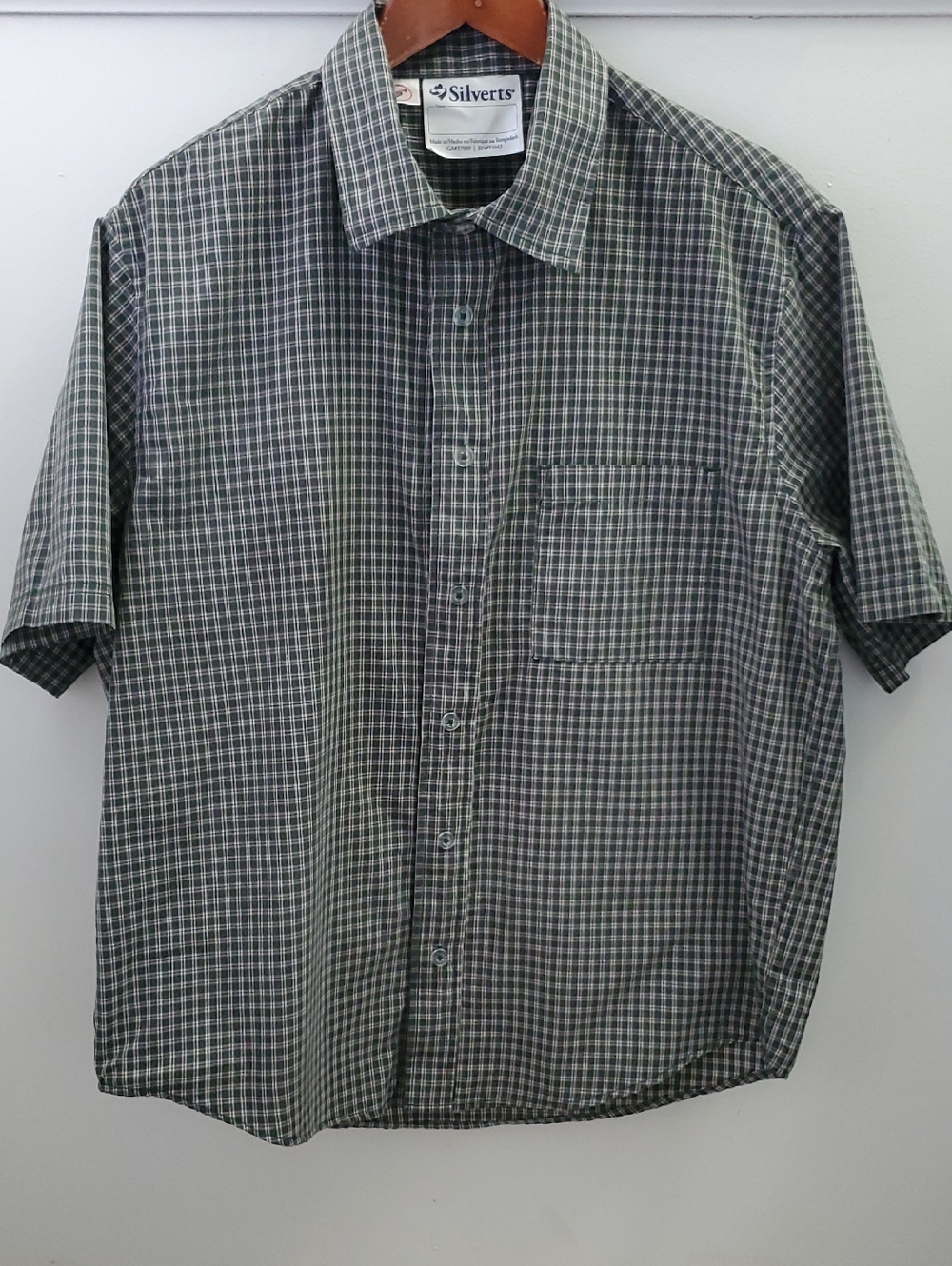 Silverts Magnetic Button Up Short Sleeve Shirt Green Plaid Size Medium